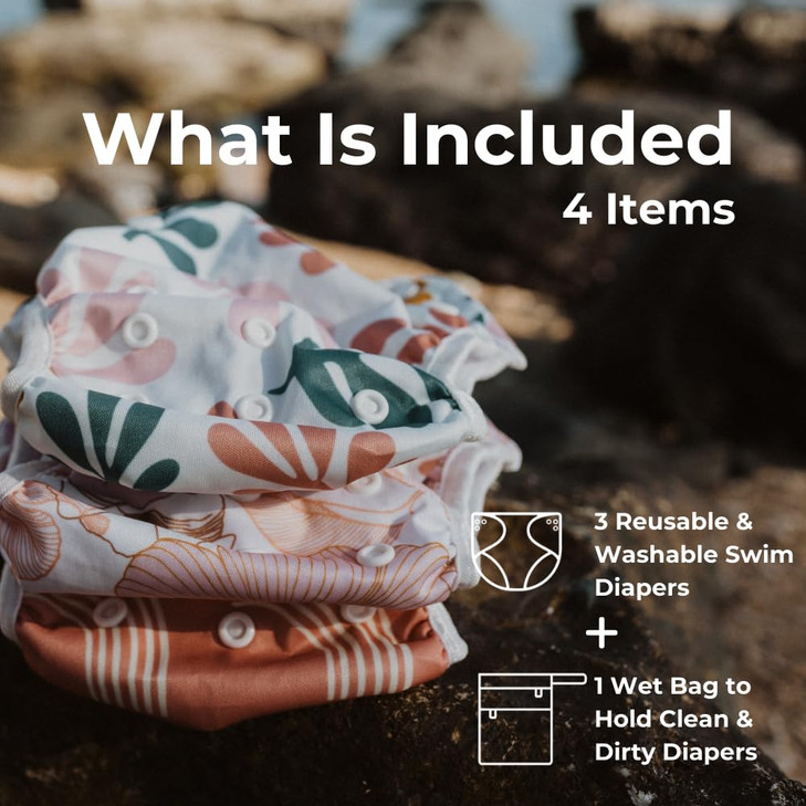 Nora's Nursery Reusable Swim Diapers and Wet Bag - One Size Fully Adjustable - Tropical 3 Pack with Wet Bag