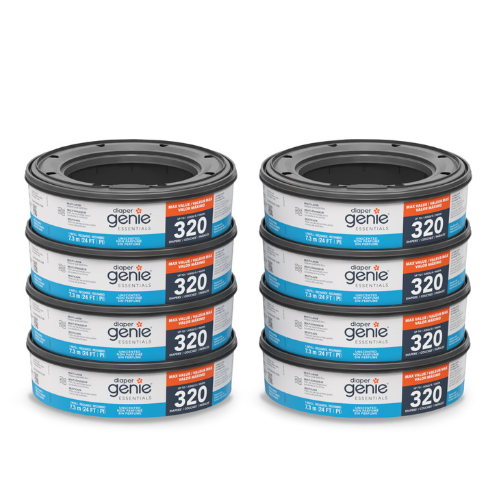 Diaper Genie Essentials Round Refill 8-Pack | Holds Up to 2560 Newborn Diapers | Features Unscented Continuous Film | Compatible with Diaper Genie Co