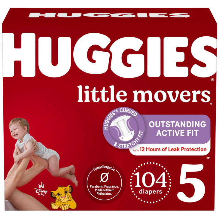 Huggies Size 5 Diapers, Little Movers Baby Diapers, Size 5 (27+ lbs), 104 Count, Packaging May Vary