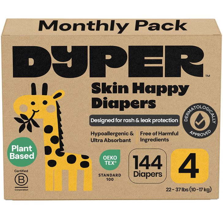 DYPER Monthly Pack Baby Diapers Size 4 (22-37 lbs) 144 Count - Leak-Proof & Plant Based, Hypoallergenic and Ultra Absorbent Size 4 Diapers for Day an