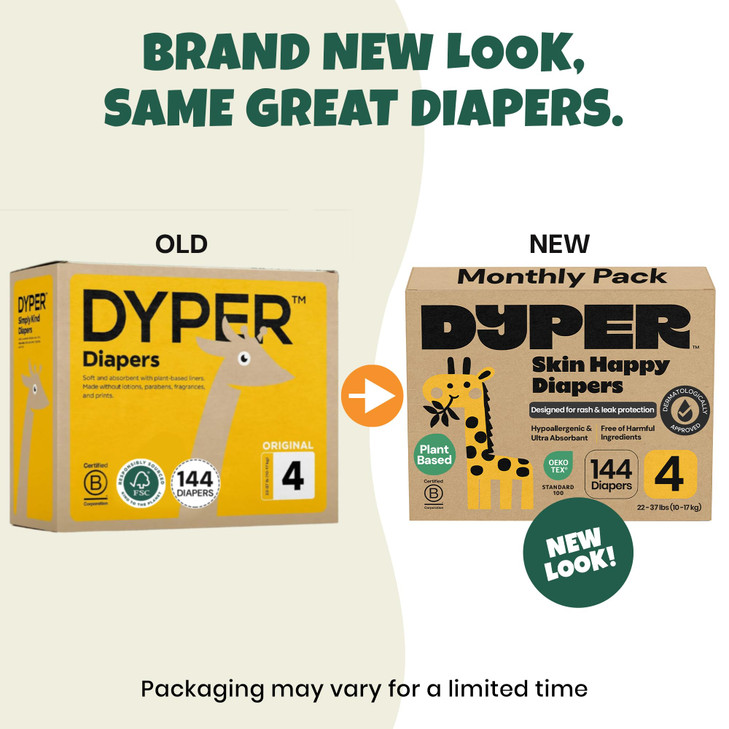 DYPER Monthly Pack Baby Diapers Size 4 (22-37 lbs) 144 Count - Leak-Proof & Plant Based, Hypoallergenic and Ultra Absorbent Size 4 Diapers for Day an