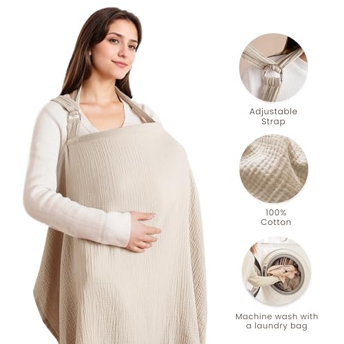 Konssy Muslin Nursing Cover for Baby Breastfeeding, Breathable 100% Cotton Breastfeeding Cover with Rigid Hoop for Mother Nursing Apron, Multi-use Ca
