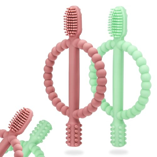 Baby Teething Toys with Easy-Hold Handle, Silicone Infant Toothbrush, Textured On Both Sides Helps Massage, Soothe Sore Gums, Teething Toys for Babie