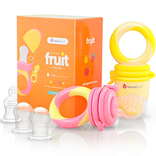 NatureBond Baby Food Feeder/Fruit Feeder Pacifier Nibbler (2 Pack) - Infant Teething Toy Teether Weaning in Appetizing Colors | + Additional Silicone