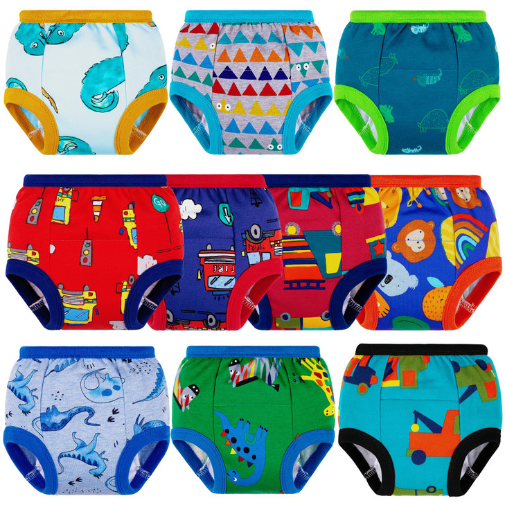 BIG ELEPHANT 10 Packs Baby Girls' and Boys' Potty Training Pants, 100% Cotton Absorbent Training Underwear for Toddler, 3T