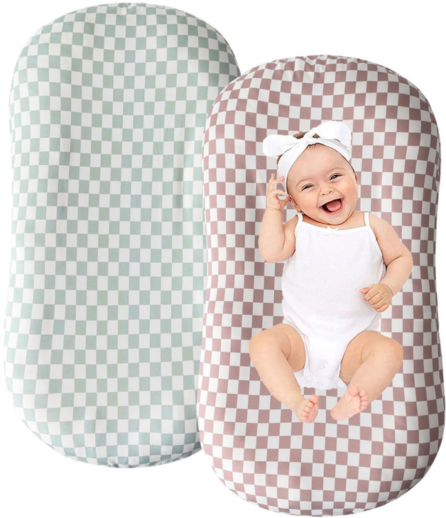 Little Jump Cotton Baby Lounger Covers, 2 Pack, Soft Removable Slipcovers for Newborn Infant Lounger, for Girls Boys, Coffee Checkered (Coffee & Gree
