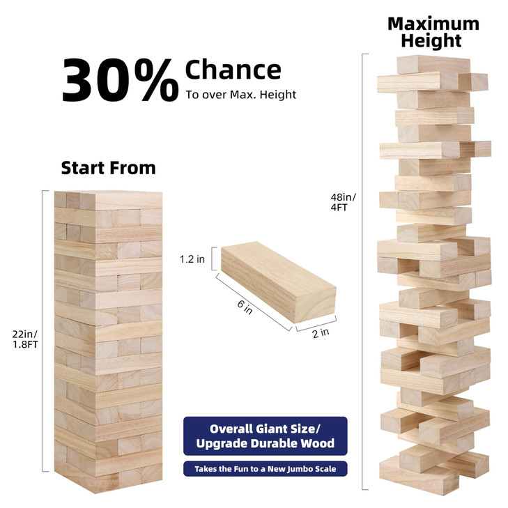GOTHINK Giant Tumble Tower Game, Large Tumbling Tower Stacking to Over 4 FT 54pcs Wooden Jumbo Blocks for Outside Yard Games with Carry Case Timber S
