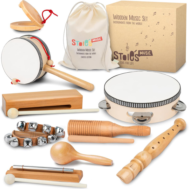 Stoie's Wooden Toddler Musical Instruments with Drum, Hand Bells, Flute, Maracas, Castanet, Tamburine, for Babies and Kids, Eco Friendly Montessori E