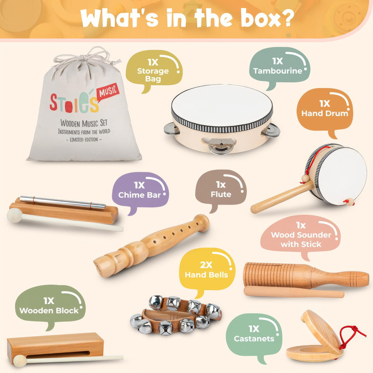 Stoie's Wooden Toddler Musical Instruments with Drum, Hand Bells, Flute, Maracas, Castanet, Tamburine, for Babies and Kids, Eco Friendly Montessori E