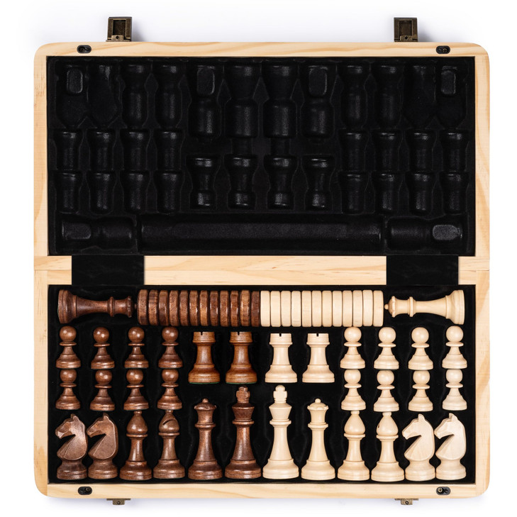 A&A 15" Magnetic Wooden Chess Set/Folding Board / 3" King Height German Knight Staunton Chess Pieces/Mahogany & Maple Inlaid /2 Extra Queen