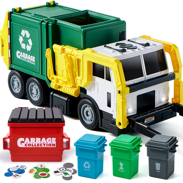 JOYIN Large Friction Powered Garbage Truck Toy Set, Includes Dumpster, Trash Bins, and Learning Cards for Kids, Boy Toys Birthday Gift for Boys Girls