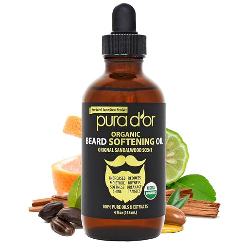 PURA D'OR 4 Oz ORGANIC Beard Softening Oil - Original Sandalwood Scent - Leave-In Conditioner, Argan & Jojoba Oil - Mustache Care & Maintenance, Incr
