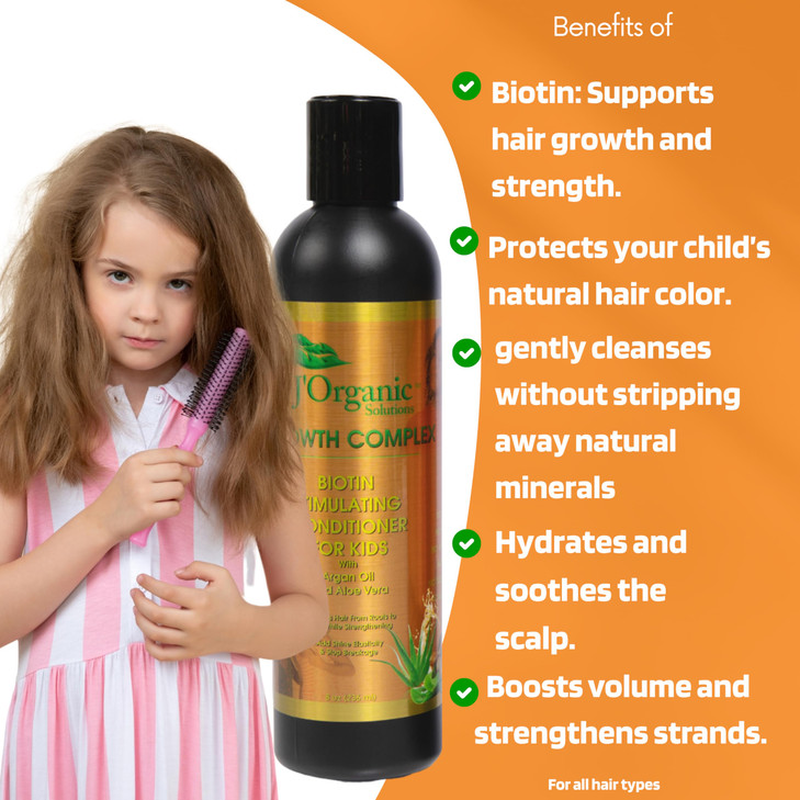 J'Organic Solutions Biotin Stimulating Hair Conditioner for Kids - Promotes Thicker, Fuller Hair, Nourishing and Growth Enhancing, Argan Oil Scent, 8
