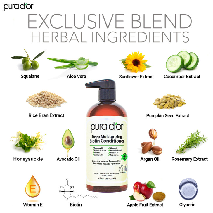 PURA D'OR Deep Moisturizing Biotin Conditioner Thickens, Softens, & Moisturizes Dry, Frizzy, Damaged Hair w/Argan Oil, Pumpkin, Rosemary, Honeysuckle