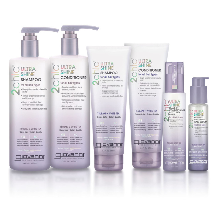 GIOVANNI 2chic Ultra Shine Leave-In Conditioning & Styling Elixir - Hair Serum for All Hair Types, Leave in Hair Treatment, Tsubaki Seed Oil & White