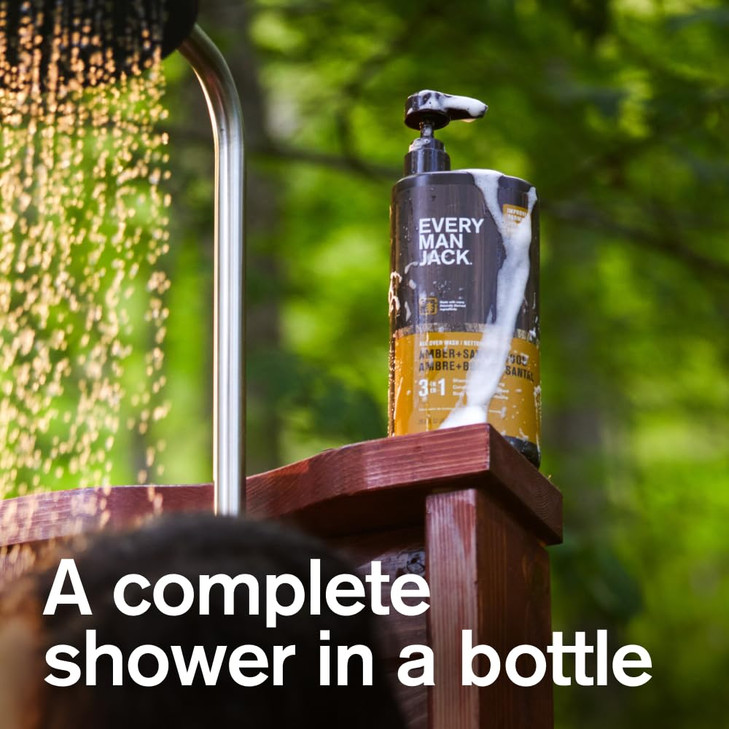 Every Man Jack Amber + Sandalwood Hydrating Mens 3-in-1 All Over Wash for All Skin and Hair Types - Body Wash, Shampoo and Conditioner with Naturally