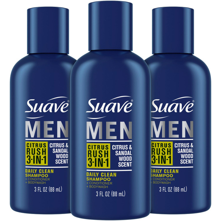 Suave Men Body Wash 3-in-1 Citrus Rush  Travel-Size Shampoo, Conditioner & Body Soap All-in-One Formula with Keratin for Healthy Hair & Skin, 3 Oz E