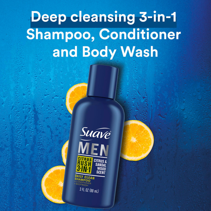 Suave Men Body Wash 3-in-1 Citrus Rush  Travel-Size Shampoo, Conditioner & Body Soap All-in-One Formula with Keratin for Healthy Hair & Skin, 3 Oz E