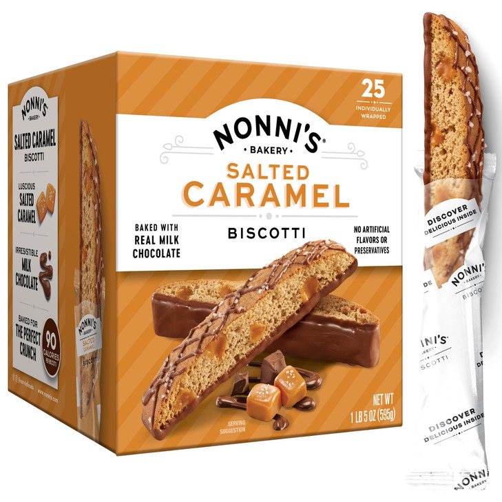 Nonni's Salted Caramel Milk Chocolate Biscotti Cookies  Individually Wrapped Italian Coffee Snack, Crunchy Twice-Baked, 90 Cal Each, 21 oz Carton