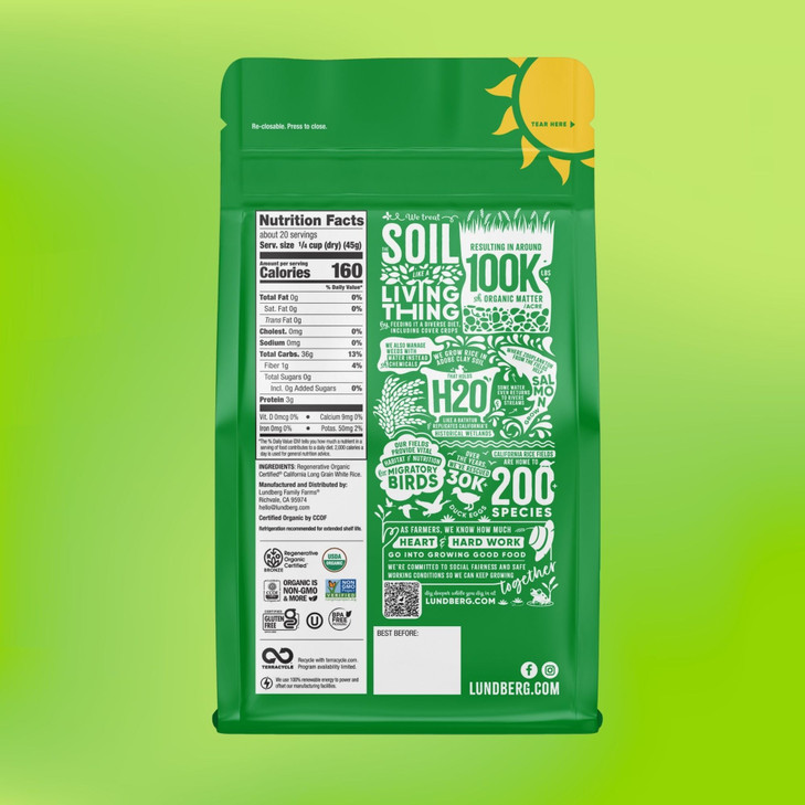 Lundberg White Rice, Regenerative Organic Certified  Non-Sticky, Aromatic Long Grain Rice, Responsibly Grown in California, 32 Oz