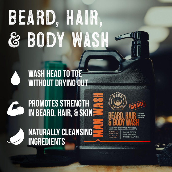 GIBS Grooming 3 in 1 Body Wash for Men - Beard & Hair Moisturizing, & Cleansing Liquid Body Wash with Tea Tree Oil & Copaiba Balsam - Sulfate & Parab