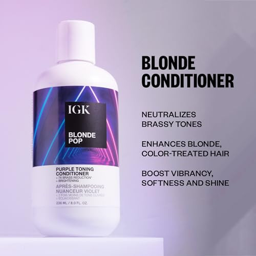 IGK BLONDE POP Purple Toning Conditioner | Brighten + Neutralize Brass | Vegan + Cruelty Free | 8 Oz