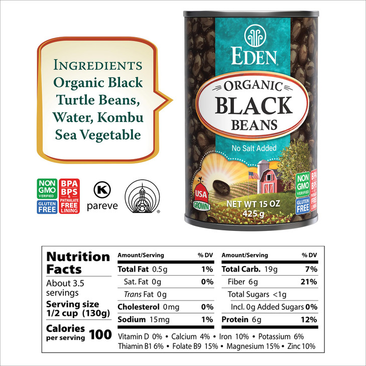 Eden Organic Black Beans, 15 oz Can (12-Pack Case), No Salt Added, Non-GMO, U.S Grown, Heat and Serve, Macrobiotic, Turtle Beans, Frijol Negro, Cavia