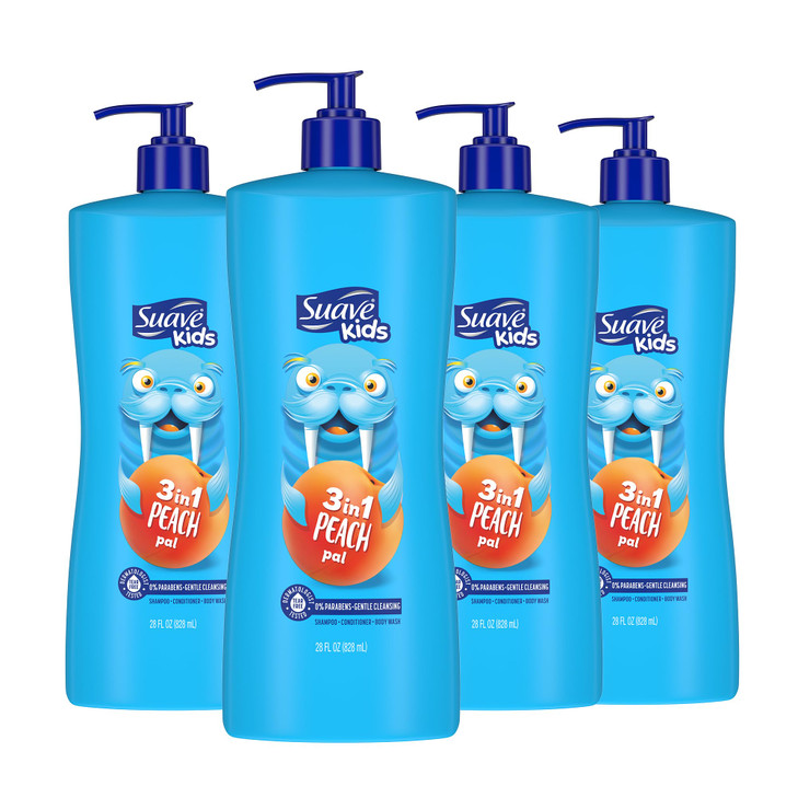 Suave Kids 3-in-1 Tear Free, Body Wash, Shampoo and Conditioners, Dermartologist Tested, Peach Pal, 28 Oz Pack of 4