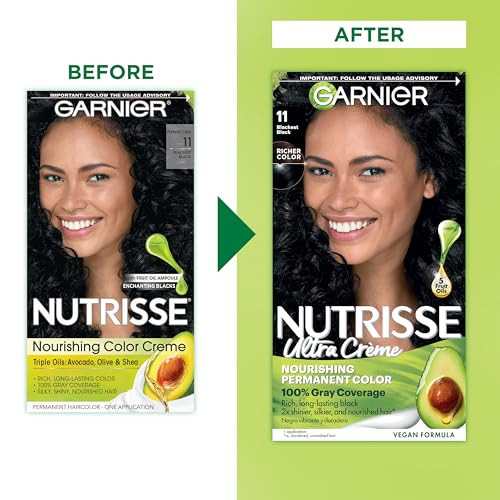 Garnier Nutrisse Ultra Crème Hair Color, Permanent Hair Dye with 100% Gray Coverage, Vegan & Cruelty-Free, 11 Blackest Black (Peppercorn), 2 Count