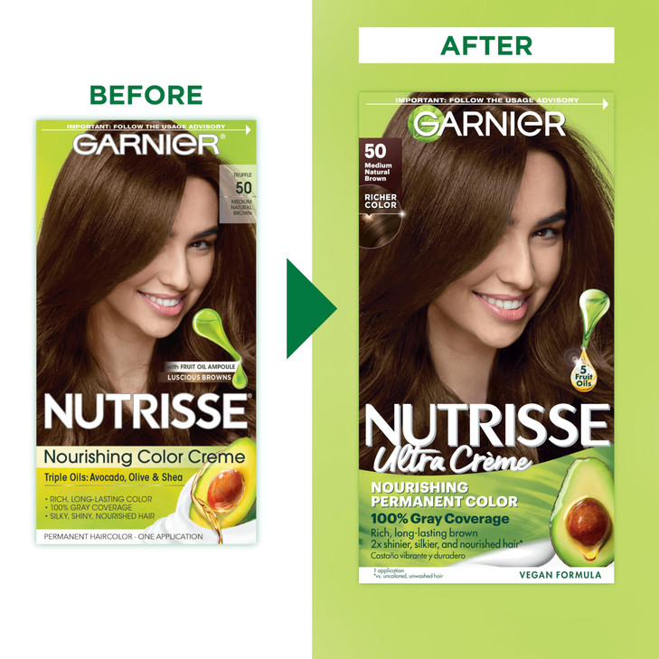 Garnier Nutrisse Ultra Crème Hair Color, Permanent Hair Dye with 100% Gray Coverage, Vegan & Cruelty-Free, 50 Medium Natural Brown (Truffle), 2 Count