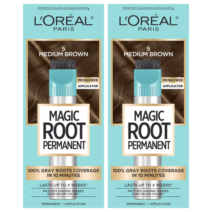 LOréal Paris Magic Root Permanent Hair Color, 10 Minute Hair Dye Kit to Rescue Roots with 100% Gray Hair Coverage, 5 Medium Brown, 2 Pack (Packaging
