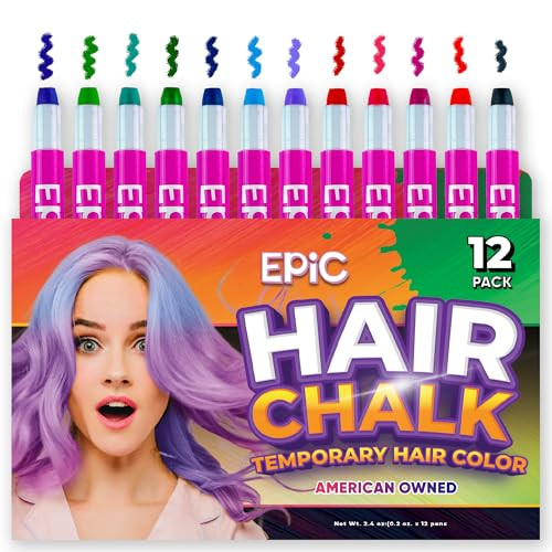 EPIC Hair Chalk for Girls and Boys, 12 Large Dust-Free and Vibrant Chalk, Washable Temporary Hair Color for Kids, Non-Toxic, Face and Body Safe