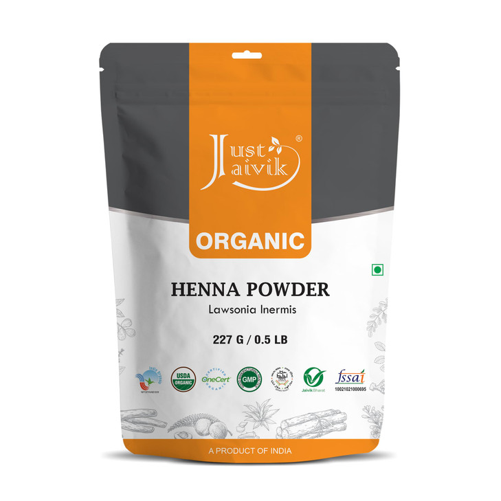 Just Jaivik Henna Powder (Lawsonia Inermis) for Hair - 100% Natural, USDA Certified Organic by OneCert Asia, No Chemicals or Additives, 227 Gms / 0.5