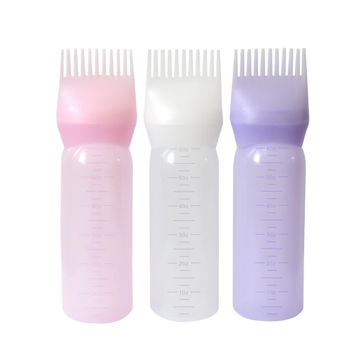 YANTAISIYU Root Comb Applicator Bottle 6 Ounce Hair Oiling Applicator 3 Pieces Hair Dye Bottle Hair Root Comb with Graduated Scale (Pink White Purple