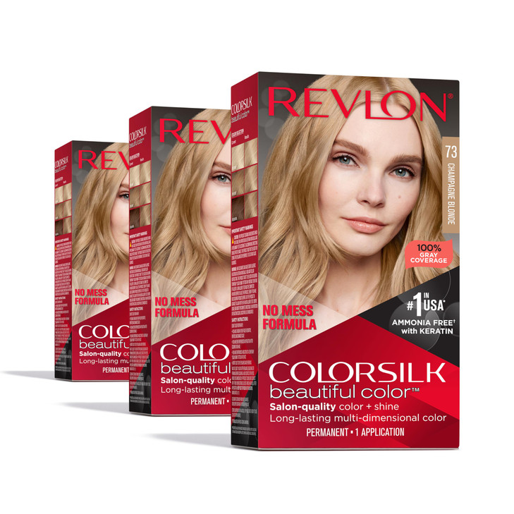 Revlon ColorSilk Permanent Hair Color, 100% Gray Coverage Dye Kit, Ammonia-Free, Keratin and Amino Acids, Blonde Shades, 73 Champagne Blonde (Pack of
