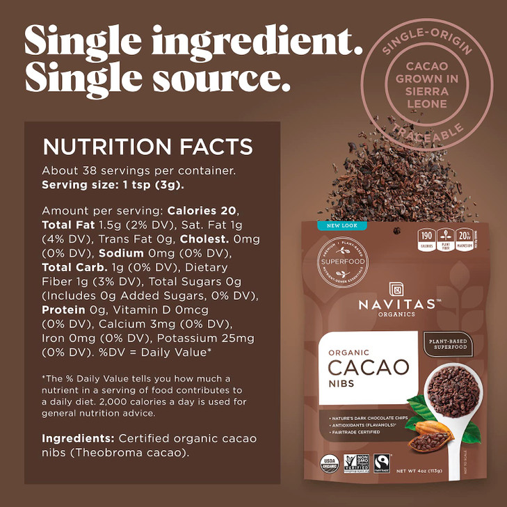 Navitas Organics Cacao Nibs  Unsweetened Dark Chocolate Crunch  Antioxidants, Minerals, Fiber  For Trail Mix, Baking & More  USDA Organic, Fairtr