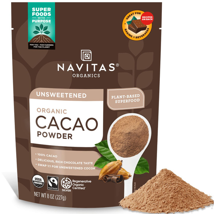 Navitas Organics Cacao Powder - Cocoa Powder Substitute 1:1, For Hot Chocolate, Baking & More - Regenerative Organic Certified, Non GMO, Fairtrade, G