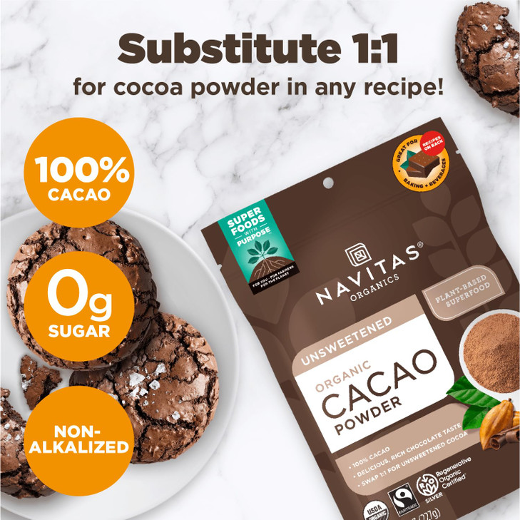 Navitas Organics Cacao Powder - Cocoa Powder Substitute 1:1, For Hot Chocolate, Baking & More - Regenerative Organic Certified, Non GMO, Fairtrade, G