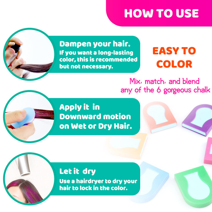 TALLSOCNE Hair Chalk for Kids, 6 Colors Temporary Hair Chalk for Girls with Dark Hair Blonde Hair Washable Non-Sticky, Vibrant Temporary Hair Color,