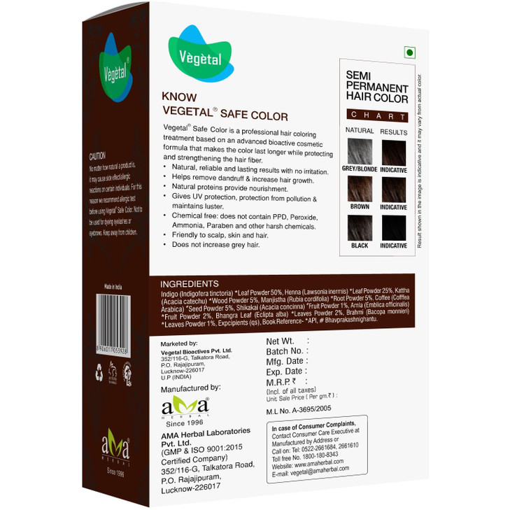 Vegetal Safe Hair Color -Dark Brown 100g. - Certified Organic Chemical and Allergy Free Bio Natural Hair Colour with No Ammonia Formula for Men and W