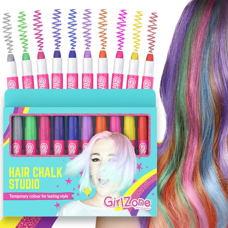 GirlZone Hair Chalks Set, 10-Piece Temporary Hair Chalk For Kids, Easy to Apply and Remove Temporary Hair Color for Kids Dress Up Parties, Role Play,