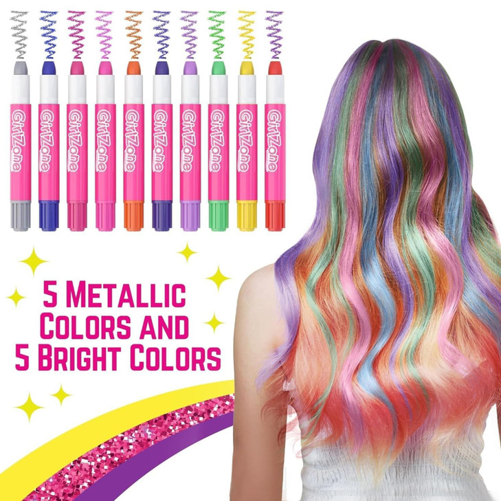 GirlZone Hair Chalks Set, 10-Piece Temporary Hair Chalk For Kids, Easy to Apply and Remove Temporary Hair Color for Kids Dress Up Parties, Role Play,
