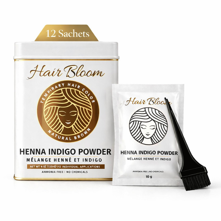 Hair Bloom Natural Brunette Hair Color- Herbal Henna & Indigo Mix Hair Color Powder- 12 individual sachets (10 gm each)- Reusable Brush & Tray Includ