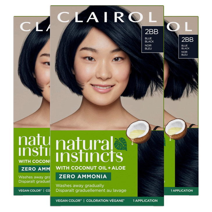 Clairol Natural Instincts Demi-Permanent Hair Dye, 2BB Blue Black Hair Color, Pack of 3