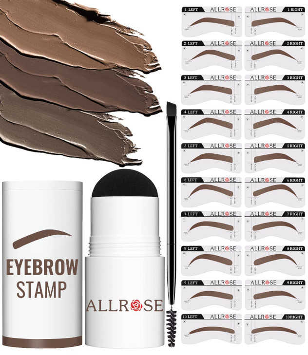 ALLROSE Eyebrow Stamp Stencil Kit - Eye Brow Stamping Kit, One Step Brow Stamp Kit, 20 Brow Stencils and Stamp Kit, Waterproof Perfect Eyebrow Kit, E
