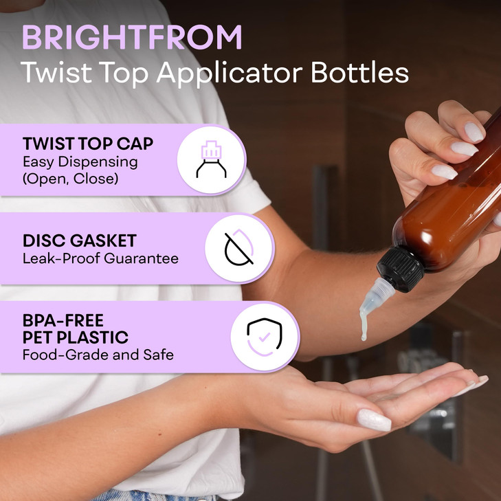 BRIGHTFROM Twist Top Applicator Bottles 8 OZ, Squeeze Empty Plastic Bottles, Black Nozzle, BPA-Free, PET, Refillable, Open/Close Nozzle - Multi Purpo