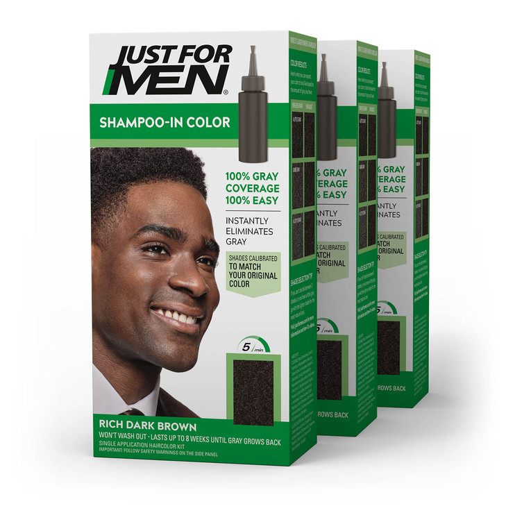 Just For Men Shampoo-In Color (Formerly Original Formula), Mens Hair Color with Keratin and Vitamin E for Stronger Hair - Rich Dark Brown, H-47, Pack