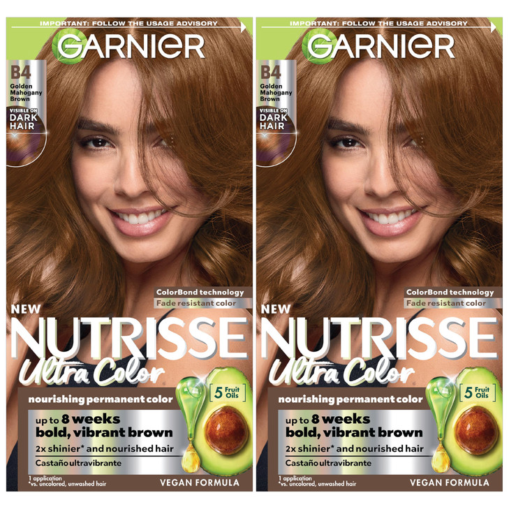 Garnier Hair Color Nutrisse Ultra Color Nourishing Creme, B4 Golden Mahogany Brown (Caramel Chocolate) Permanent Hair Dye, 2 Count (Packaging May Var