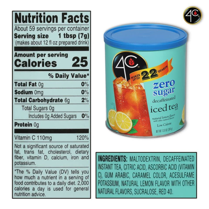 4C Zero Sugar Powdered Drink Mix Cannisters, Zero Sugar Decaffeinated Iced Tea 3 Pack, 22 Quarts, Family Sized Cannister, Low Calorie, Thirst Quenchi