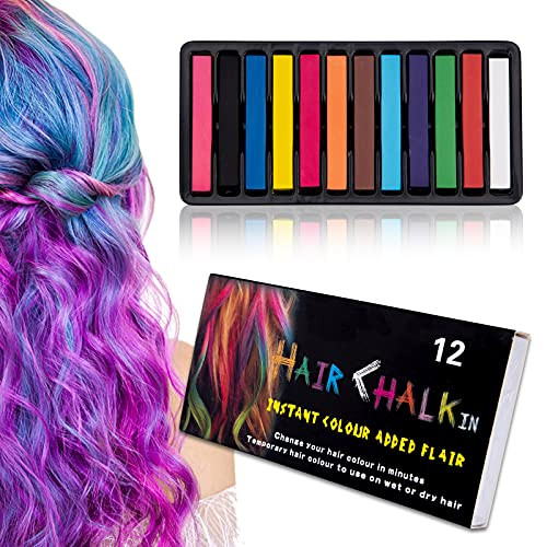 Hair Chalk Stick Set, Halloween Christmas Birthday Cosplay and DIY, Non-toxic Temporary Washable Hair Color Chalk Girls Boys Teen Kids Gift, 12 Color